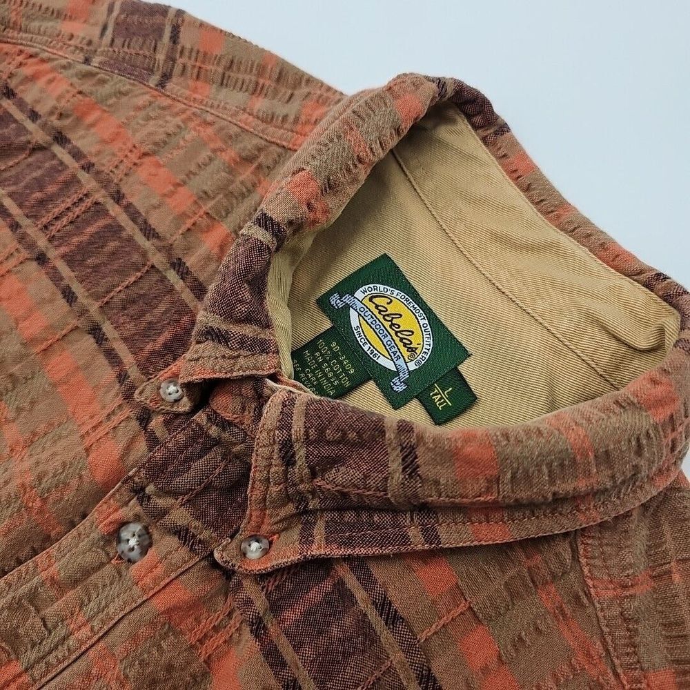 Cabela's Men's 100% Cotton S/S "Outdoor‎ Gear" Rust, Brown Check Shirt Size L/T - Picture 2 of 7
